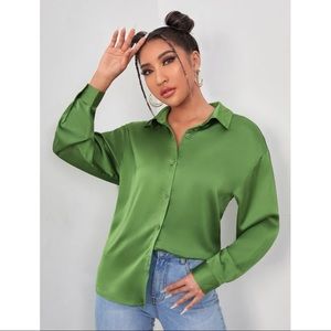 Like new Green Drop Shoulder Solid Satin Top M (6)